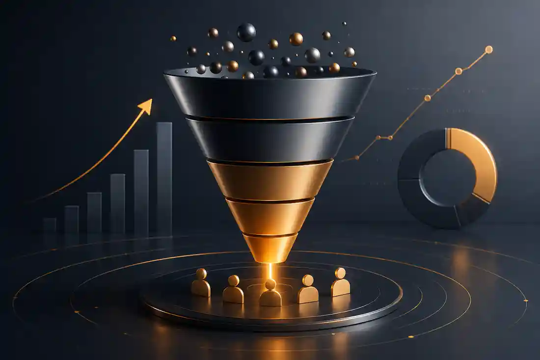 Embudo de marketing digital con 4 etapas: awareness, consideración, decisión, retención
